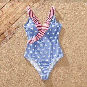 Swimwear Stars and Stripes Board Shorts or Ruffled Layers V-neck One-Piece